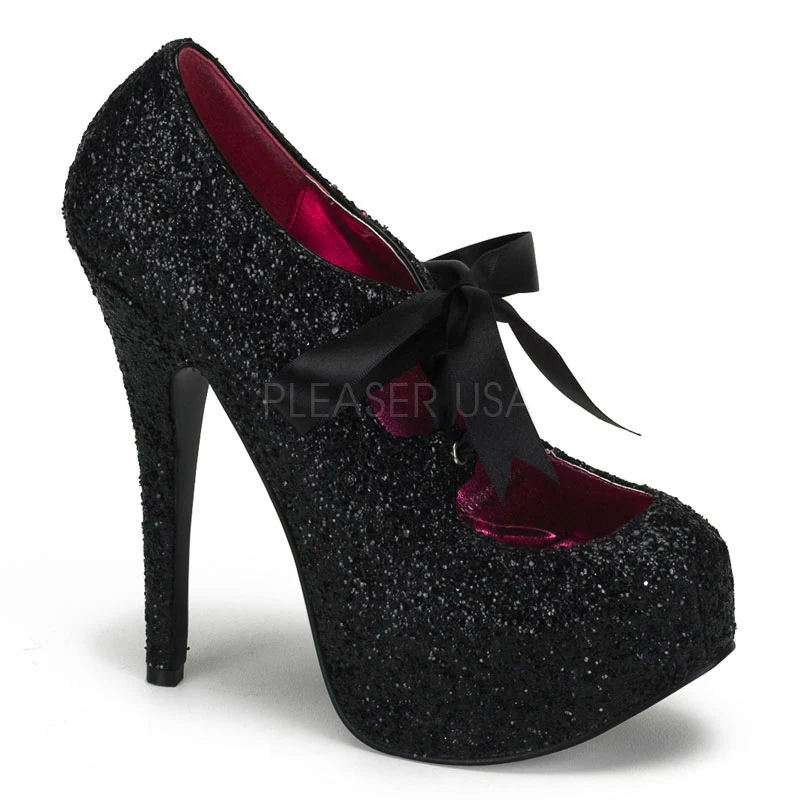 Black Glitter Hidden PF Glitter Pump W/Ribbon Bow TEE10G/BG TEEZE10G