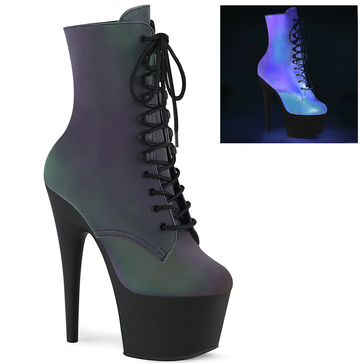 Green Multi Reflective 7 Inch Fetish Platform Ankle Boots -  Pleaser ADORE-1020REFL - Image 6