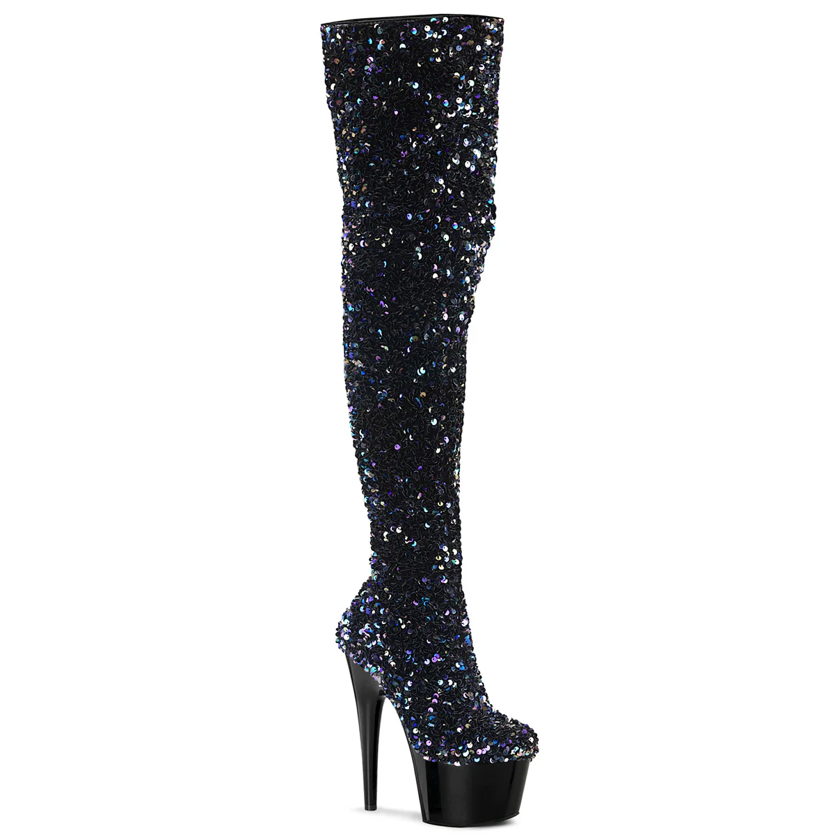 Black Sequin 7 Inch Fetish Platform Thigh Boots - Pleaser ADORE-3020 - Image 2
