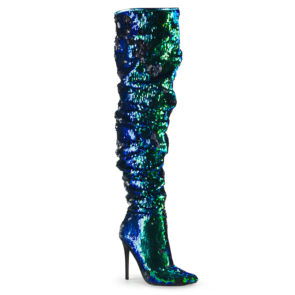 Green Sequins 5 Inch Submissive Thigh Length Boots - Pleaser COURTLY-3011