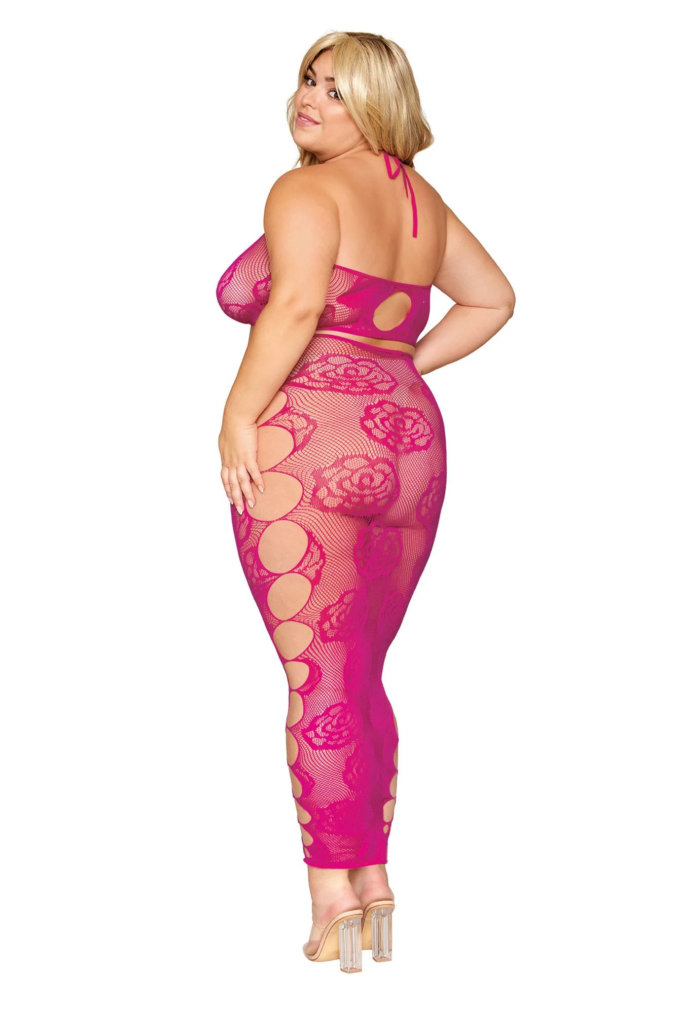 DG0485X Dreamgirl Plus Size Seamless Bralette and Long Skirt Set with Knitted Large Rose and Fishnet Pattern - Image 2