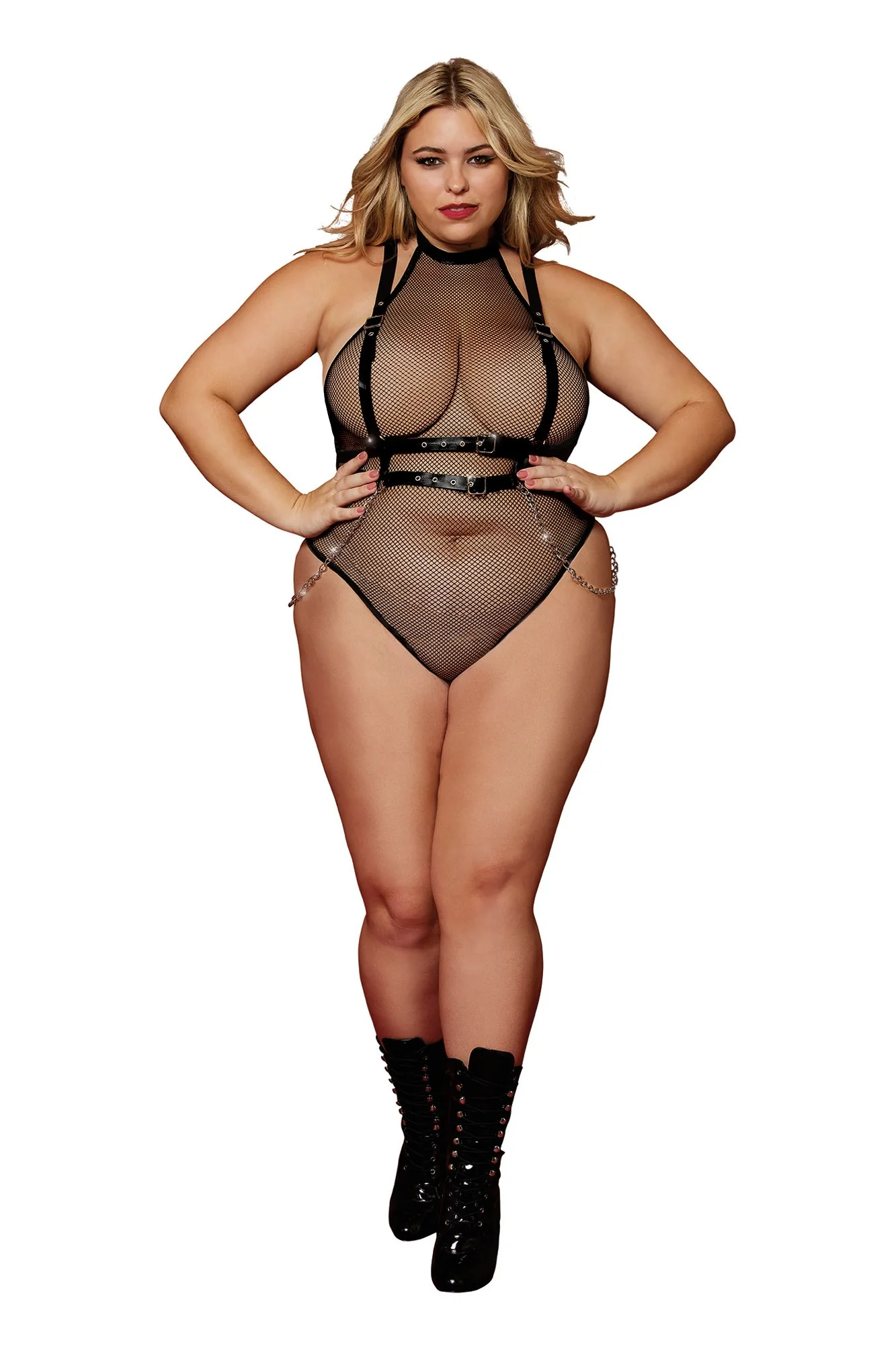 DG13291X Dreamgirl Fetish Fishnet and Faux-Leather Harness Set