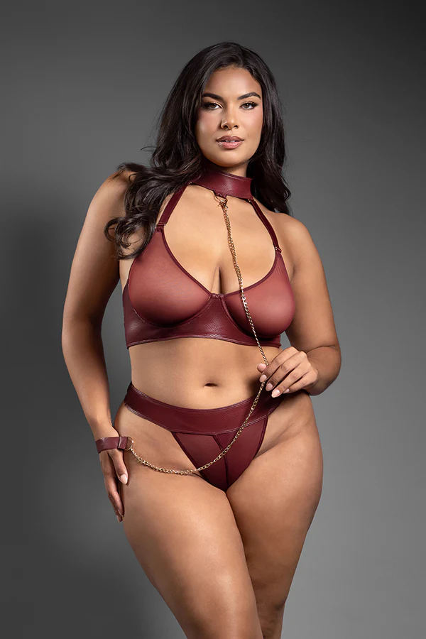 Fantasy Lingerie FL-2420 Burgundy Bra and Panty Crotchless - Image 2