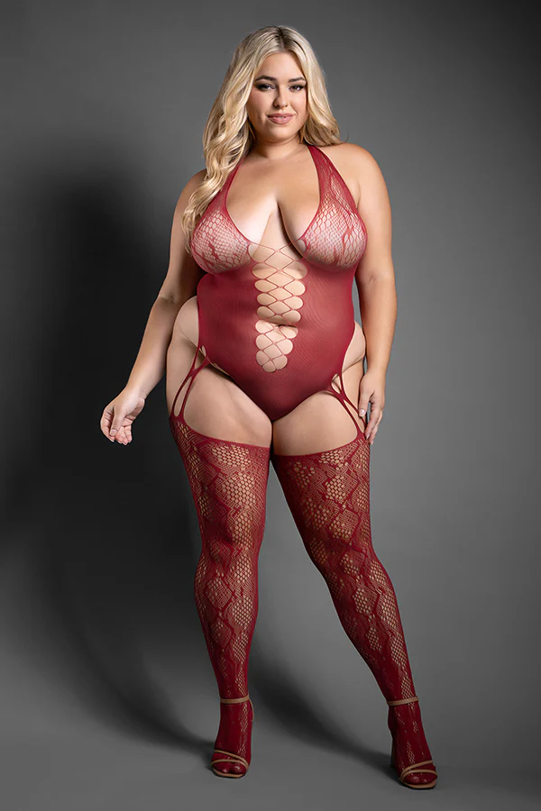 Fantasy Lingerie FL-SF999 Burgundy crotchless snakeskin knit teddy bodystocking - Image 3