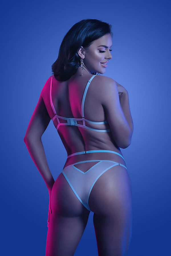 FL-GL2130 PRISMATIC Iridescent glow-in-the-dark cut-out cup bra & adjustable cage panty set - Image 2