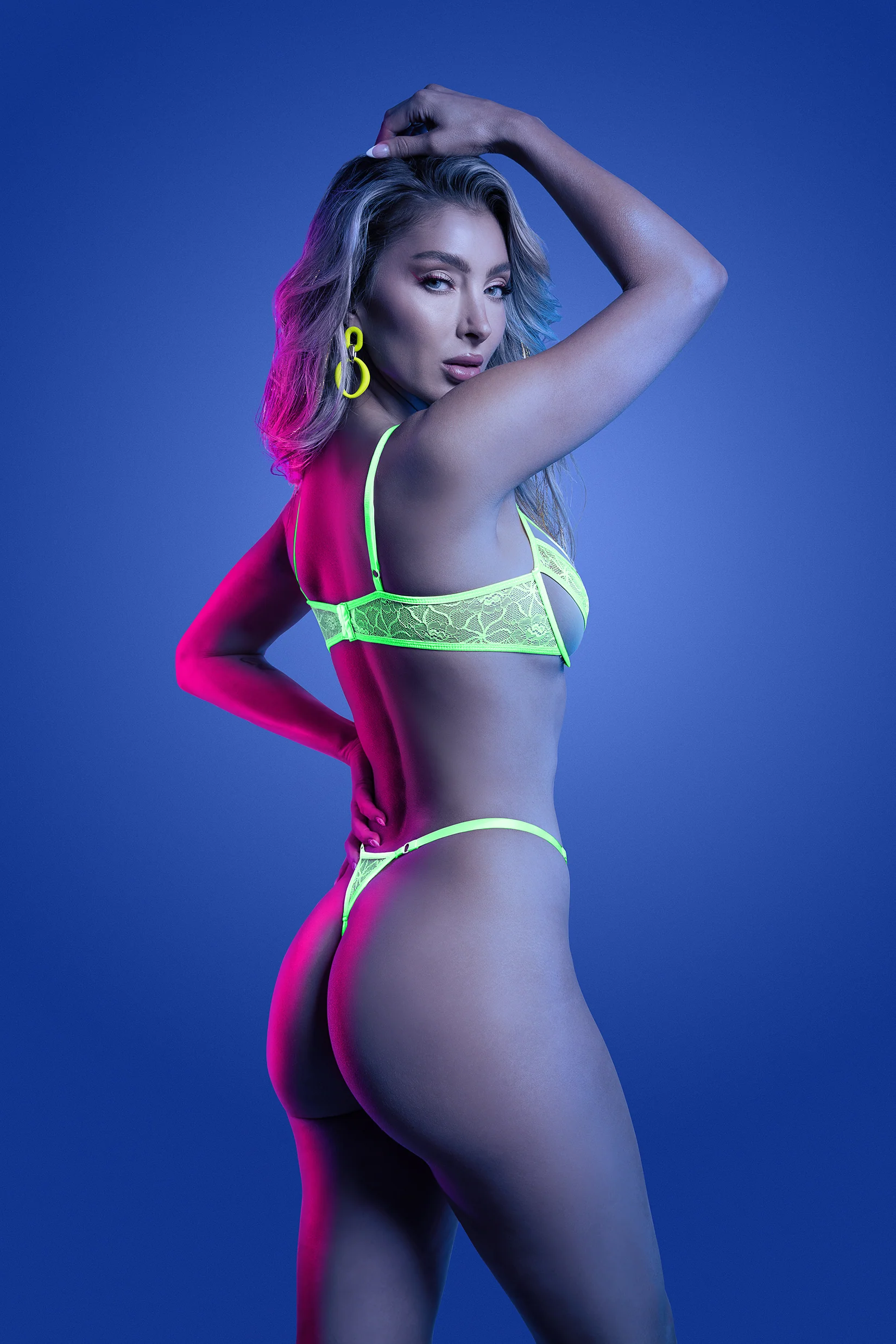 FL-GL2547 MIND CONTROL UV reactive lace and mesh paneled underwire bra and panty - Image 2