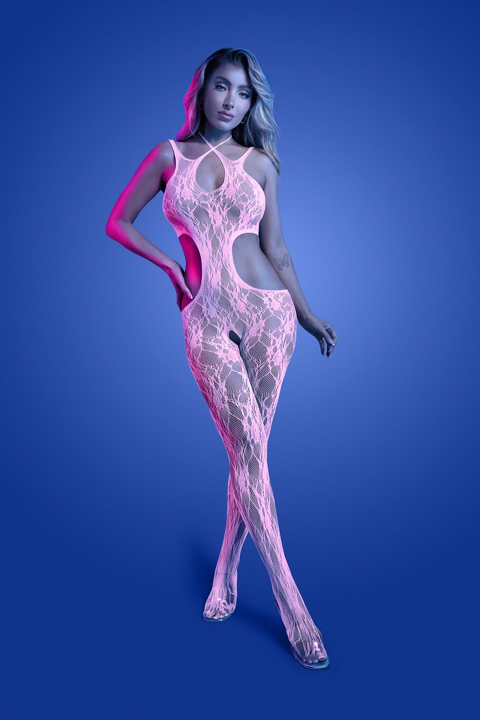 FL-GL2549 EQUILIBRIUM Glow-in-the-dark lace knit crotchless bodystocking; glows pink