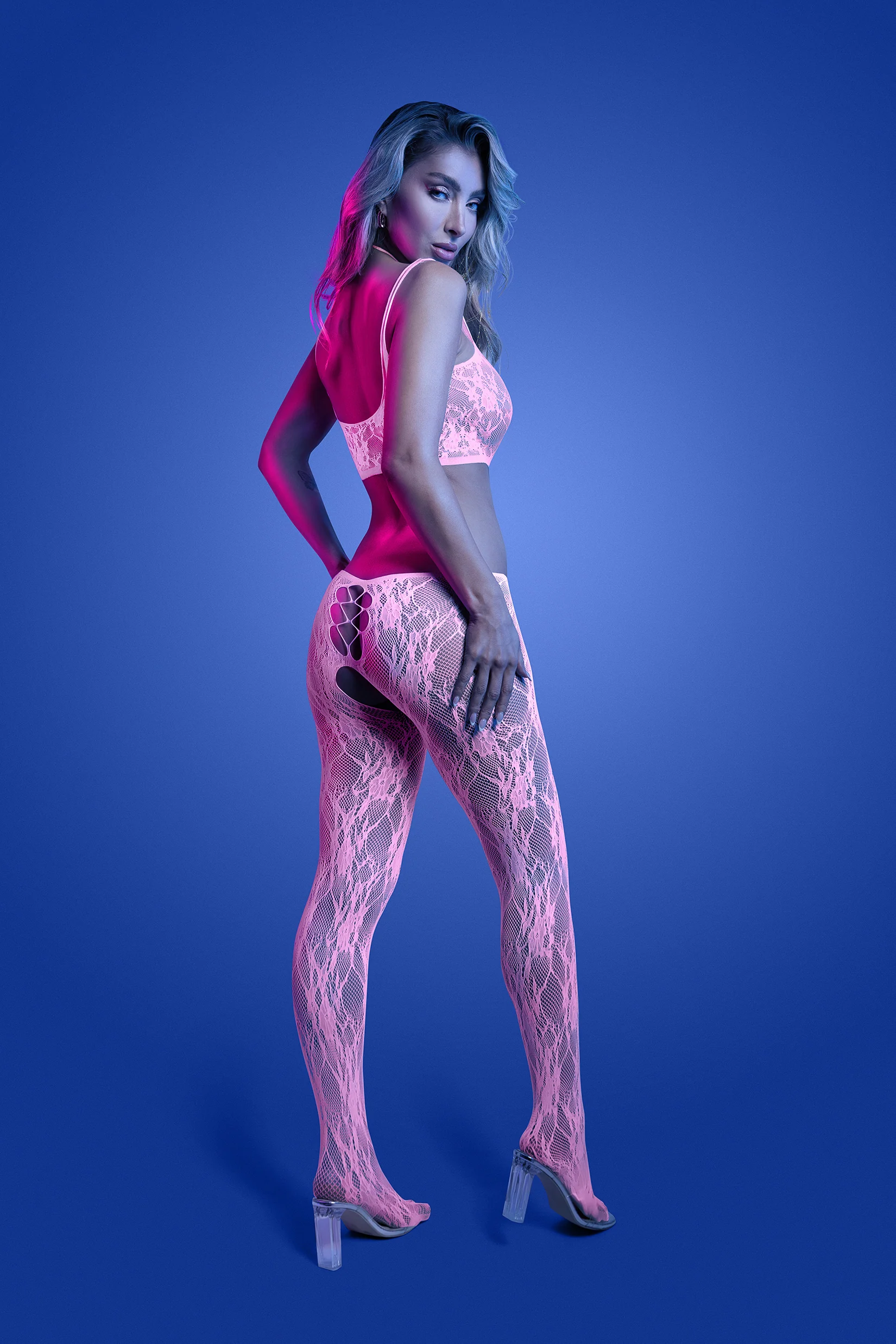 FL-GL2549 EQUILIBRIUM Glow-in-the-dark lace knit crotchless bodystocking; glows pink - Image 2