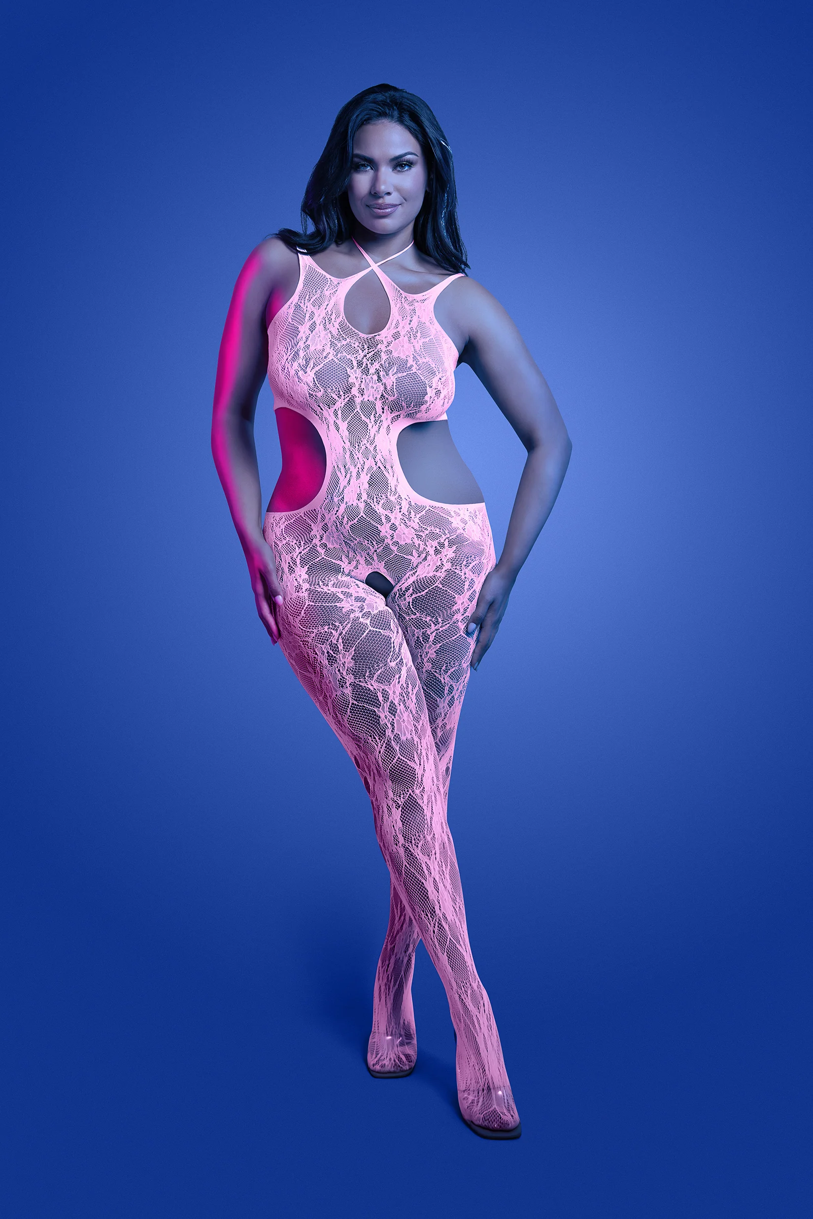 FL-GL2549 EQUILIBRIUM Glow-in-the-dark lace knit crotchless bodystocking; glows pink - Image 3