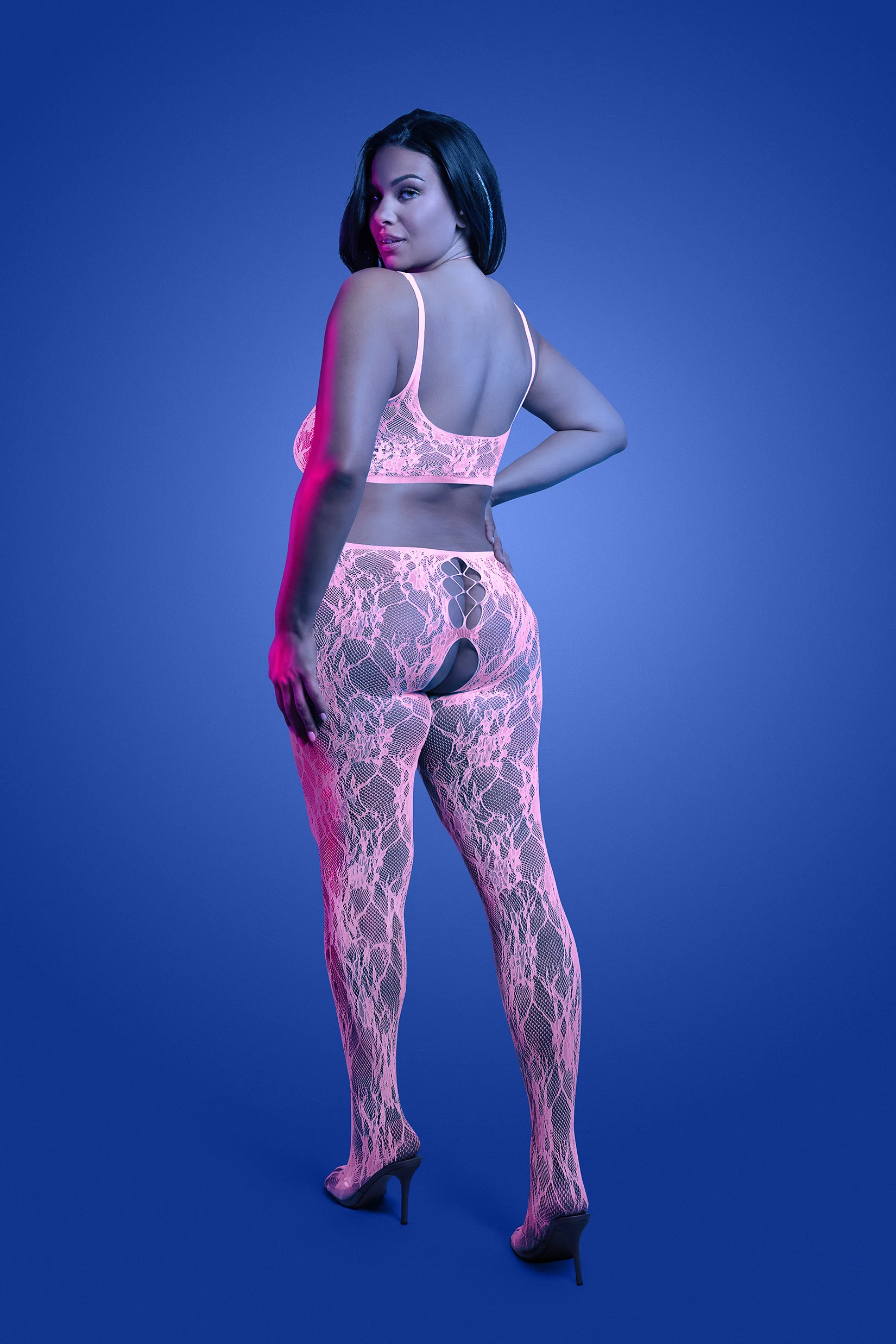 FL-GL2549 EQUILIBRIUM Glow-in-the-dark lace knit crotchless bodystocking; glows pink - Image 4