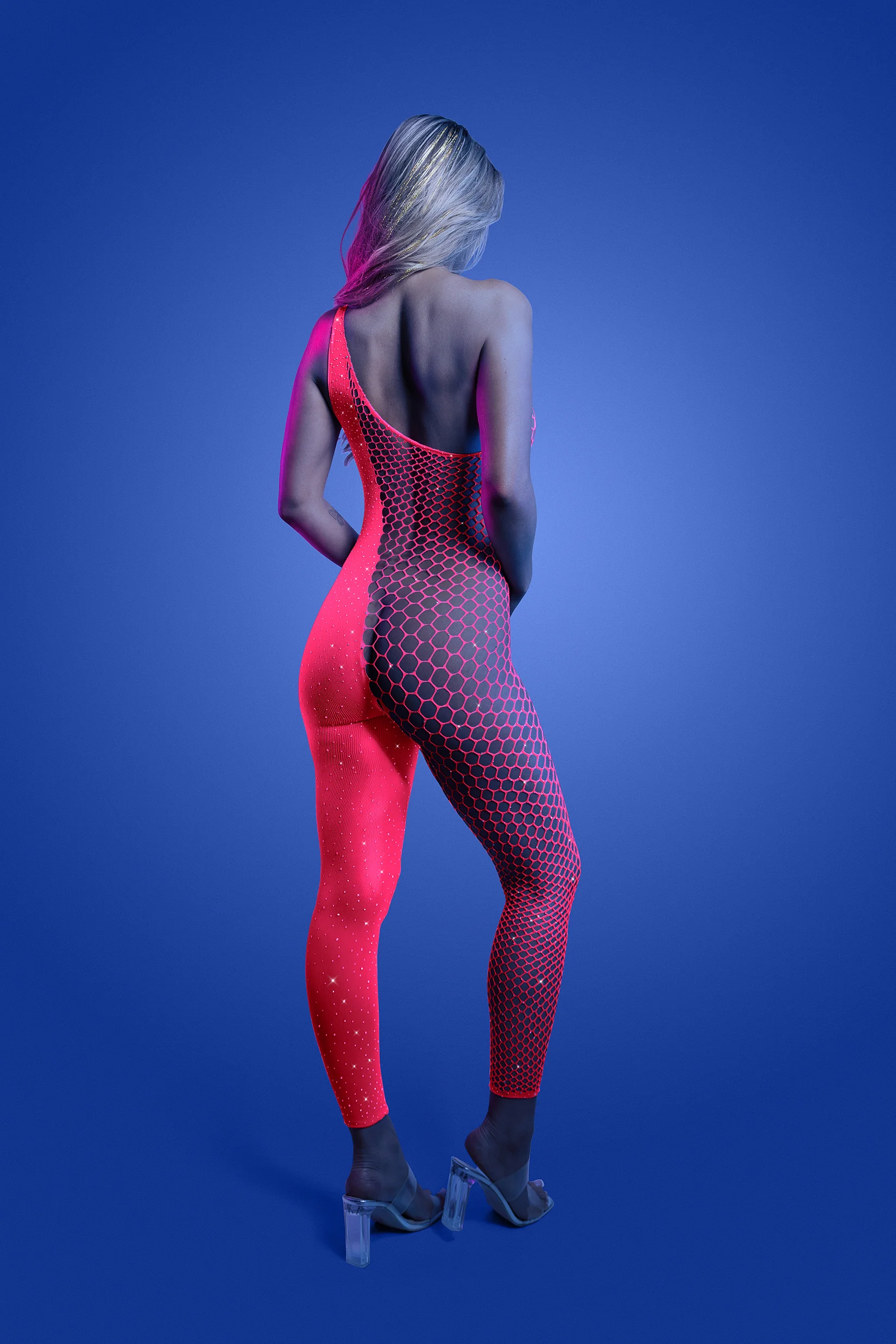 FL-GL2554 HYPERDRIVE UV reactive rhinestone knit asymetrical bodystocking - Image 2