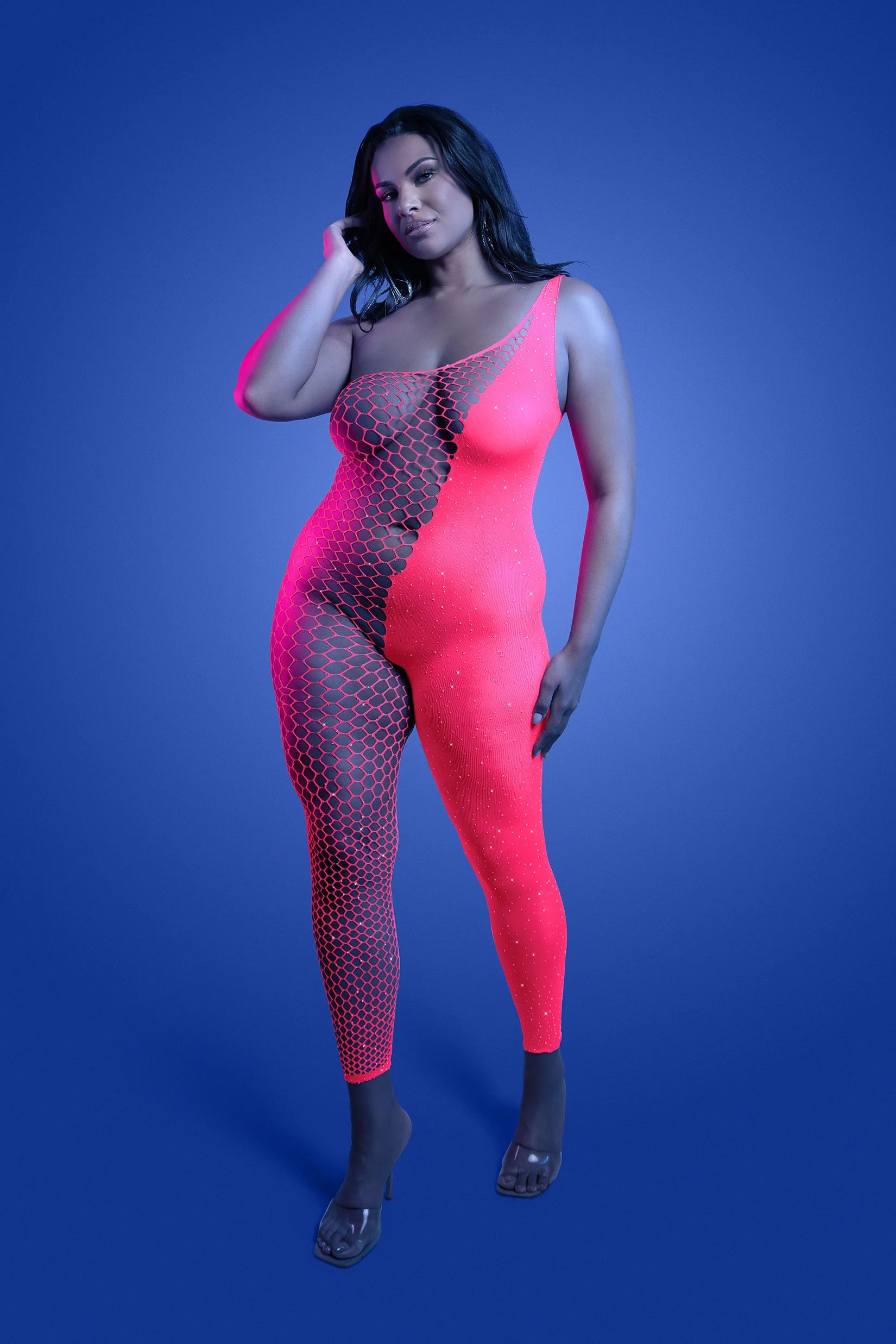 FL-GL2554 HYPERDRIVE UV reactive rhinestone knit asymetrical bodystocking - Image 3