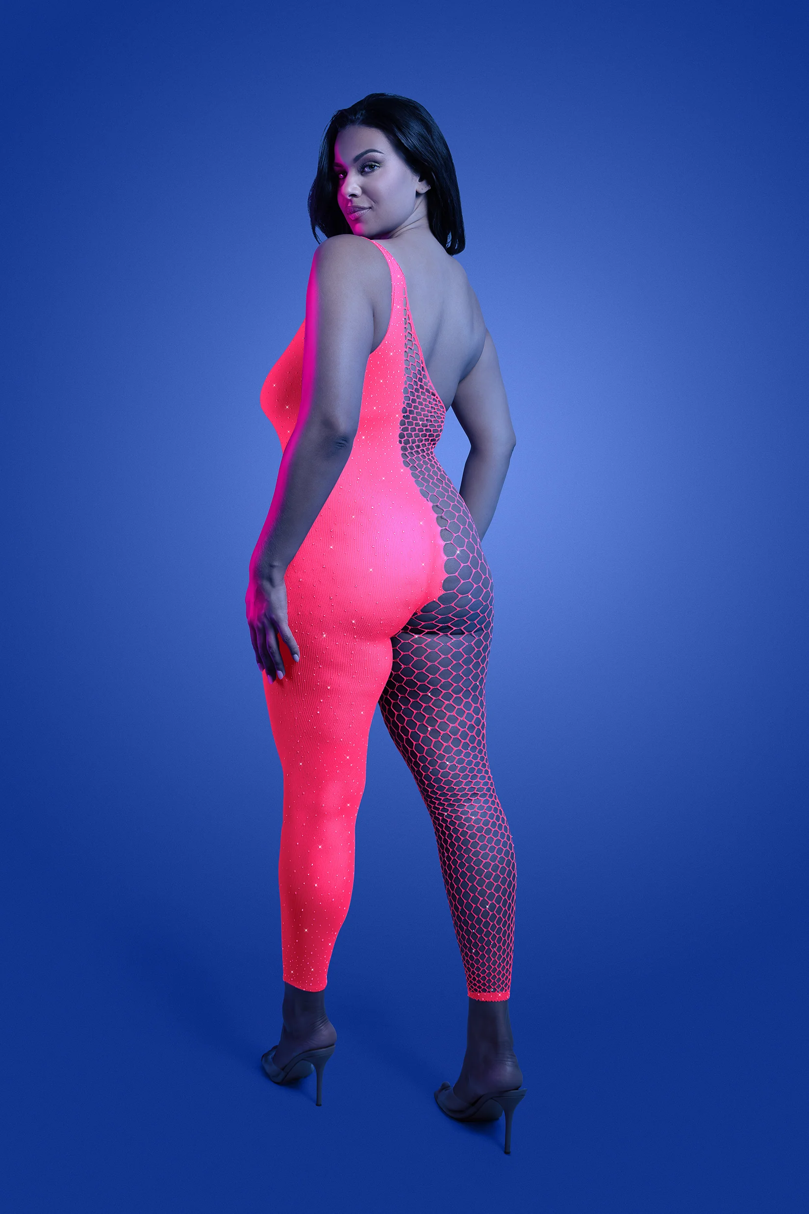 FL-GL2554 HYPERDRIVE UV reactive rhinestone knit asymetrical bodystocking - Image 4