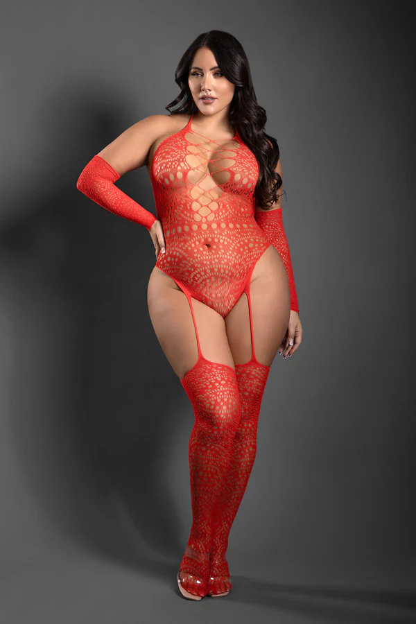 FL-SF1004 SECRET RENDEZVOUS Crotchless halter tie teddy bodystocking and fingerless gloves - Image 4
