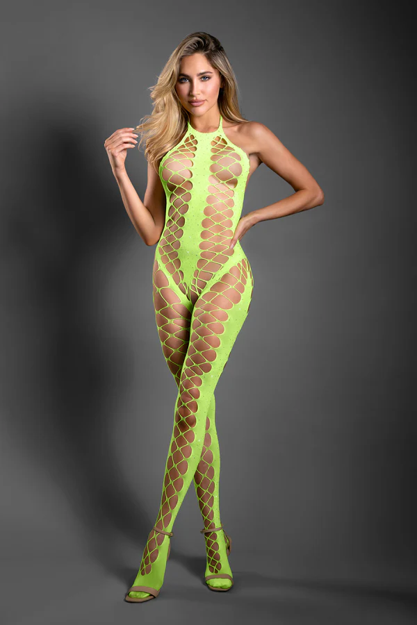 FL-SF1005 UNSTOPPABLE Crotchless rhinestone knit halter bodystocking