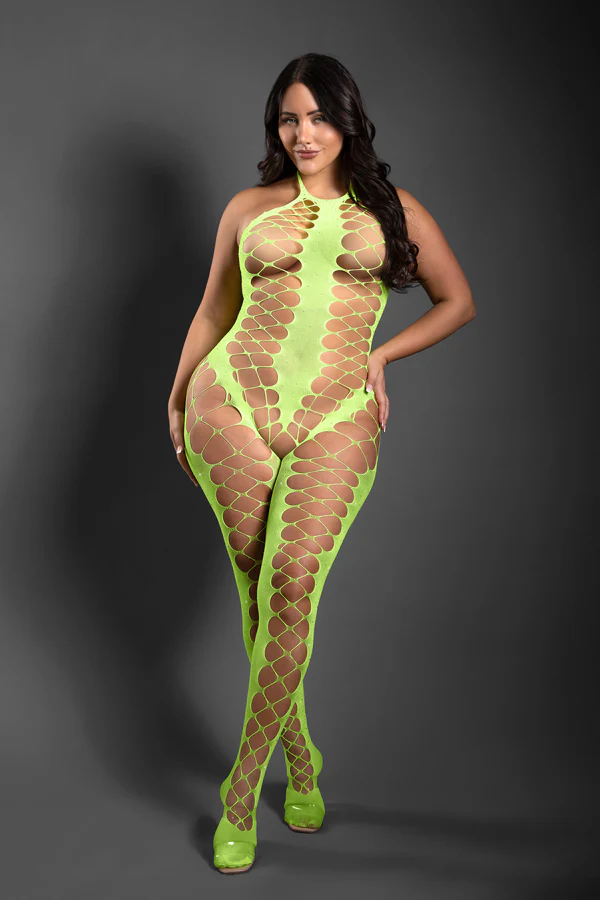 FL-SF1005 UNSTOPPABLE Crotchless rhinestone knit halter bodystocking - Image 3