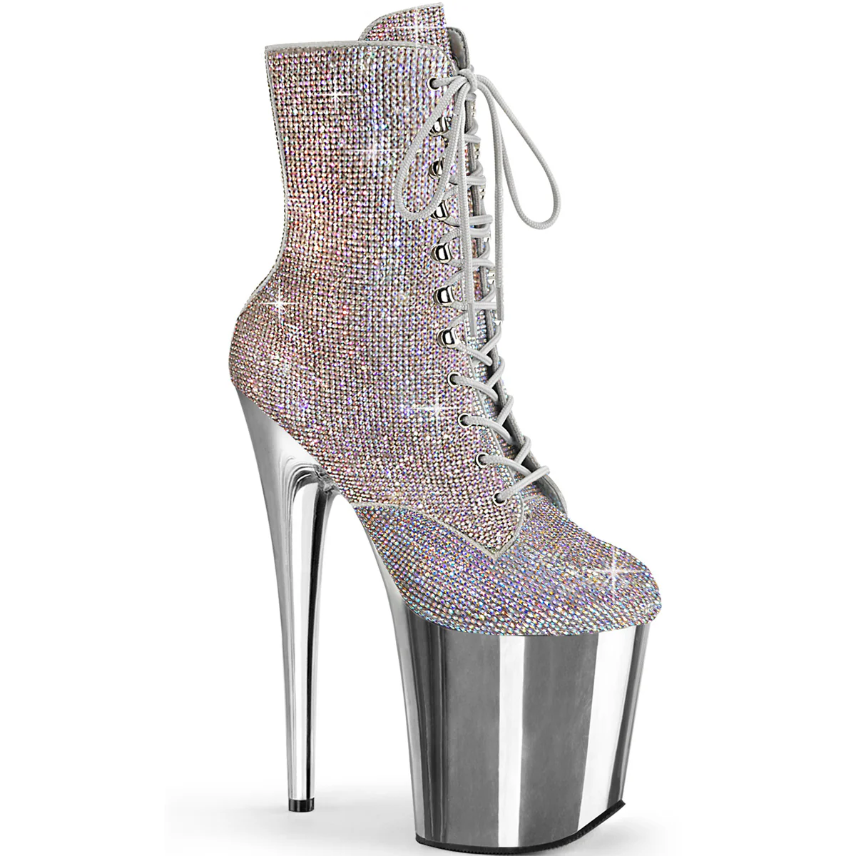 Silver 8 Inch Pole Dancing Ankle Boots -  Pleaser FLAMINGO-1020CHRS