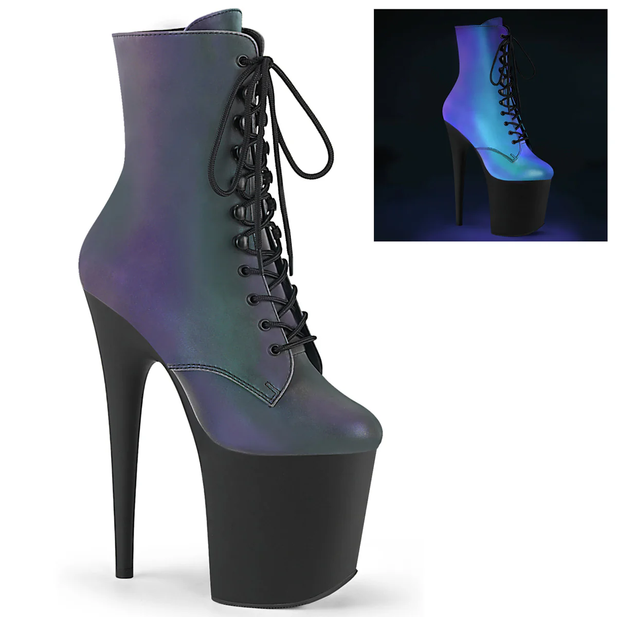 Green Multi Reflective 8 Inch Platform Ankle Boots - Pleaser FLAMINGO-1020REFL - Image 2