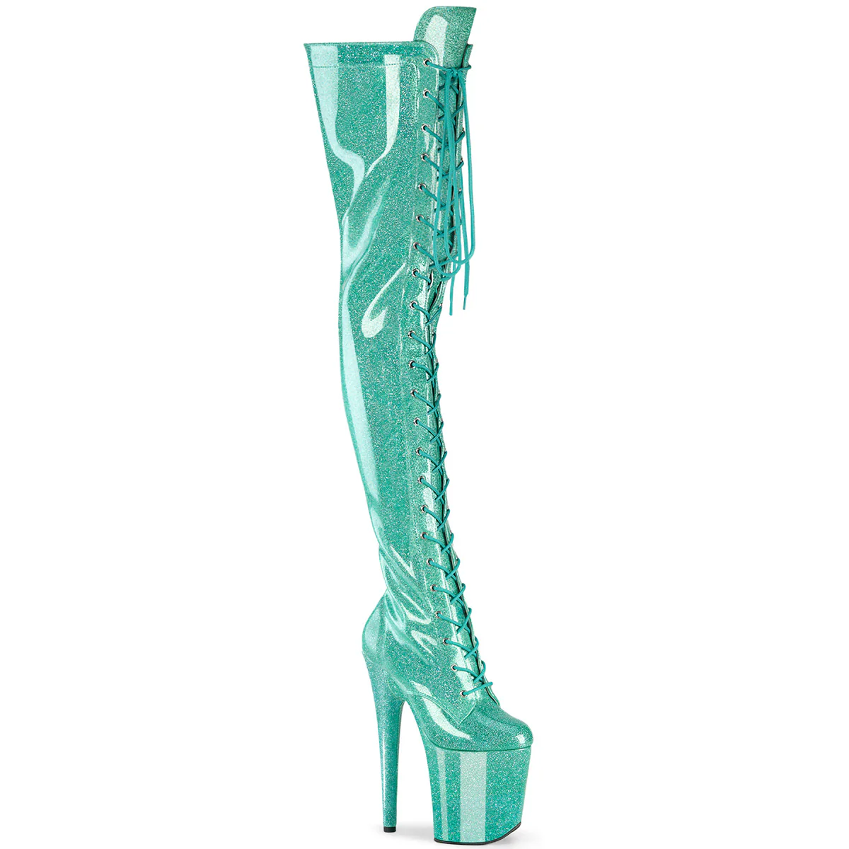 Aqua Glitter 8 Inch Platform Pole Thigh Length Boots -  Pleaser FLAMINGO-3020GP