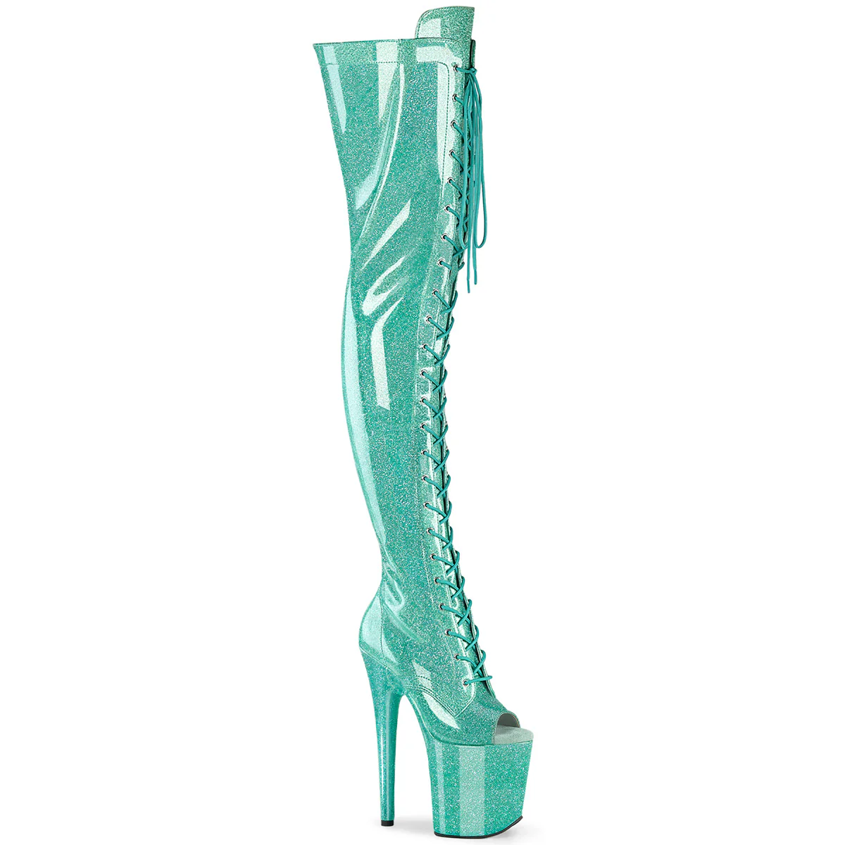 Aqua Glitter 8 Inch Platform Pole Thigh Length Boots - Pleaser FLAMINGO-3021GP