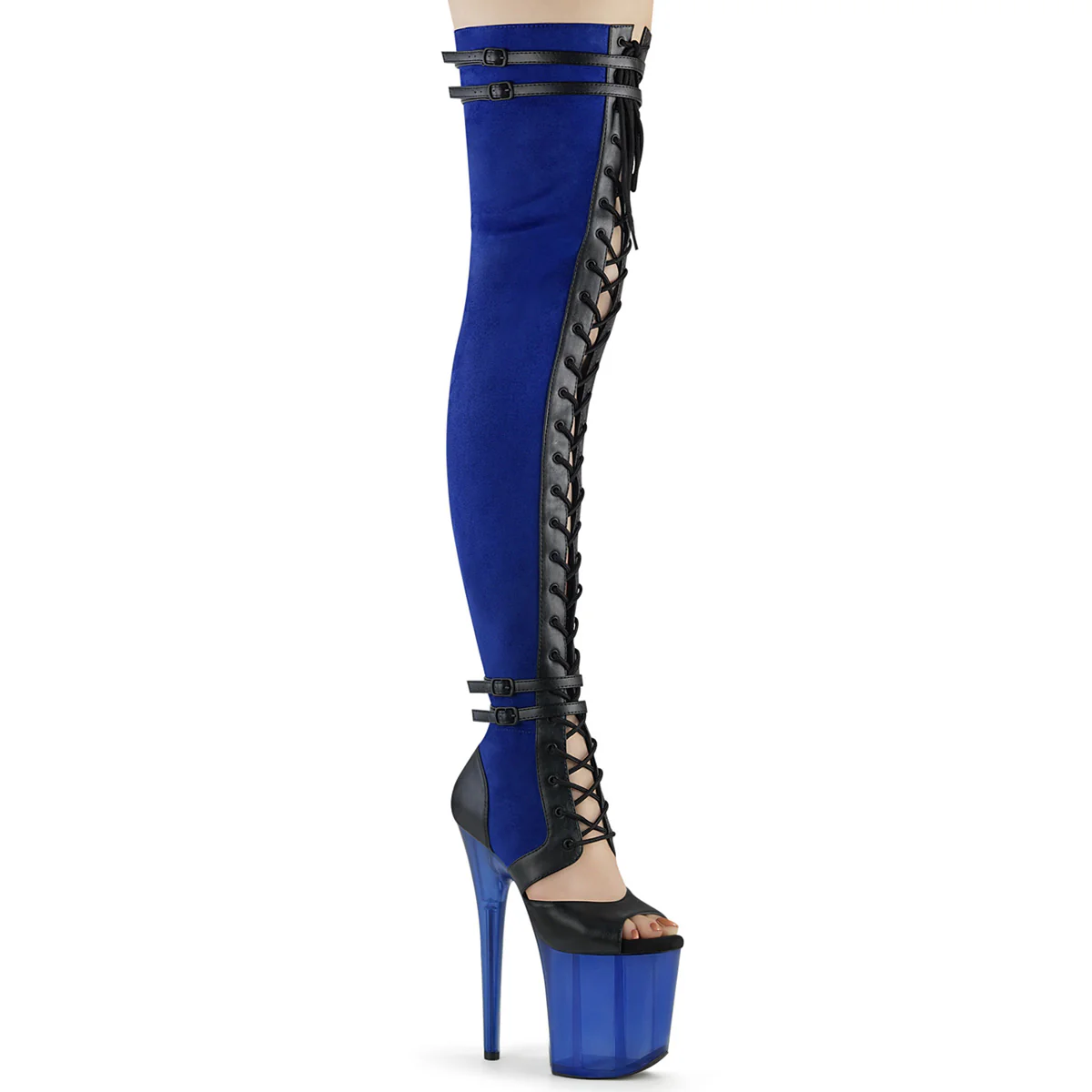 Blue 8 Inch Pole Heels Thigh Length Boots - Pleaser FLAMINGO-3027