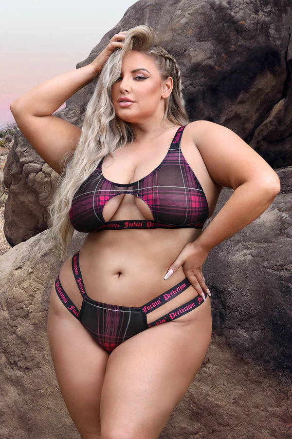 FL-AF976 FUCKIN' PERFECTION Plaid Mesh Cut Out Bralette & Panty - Image 3