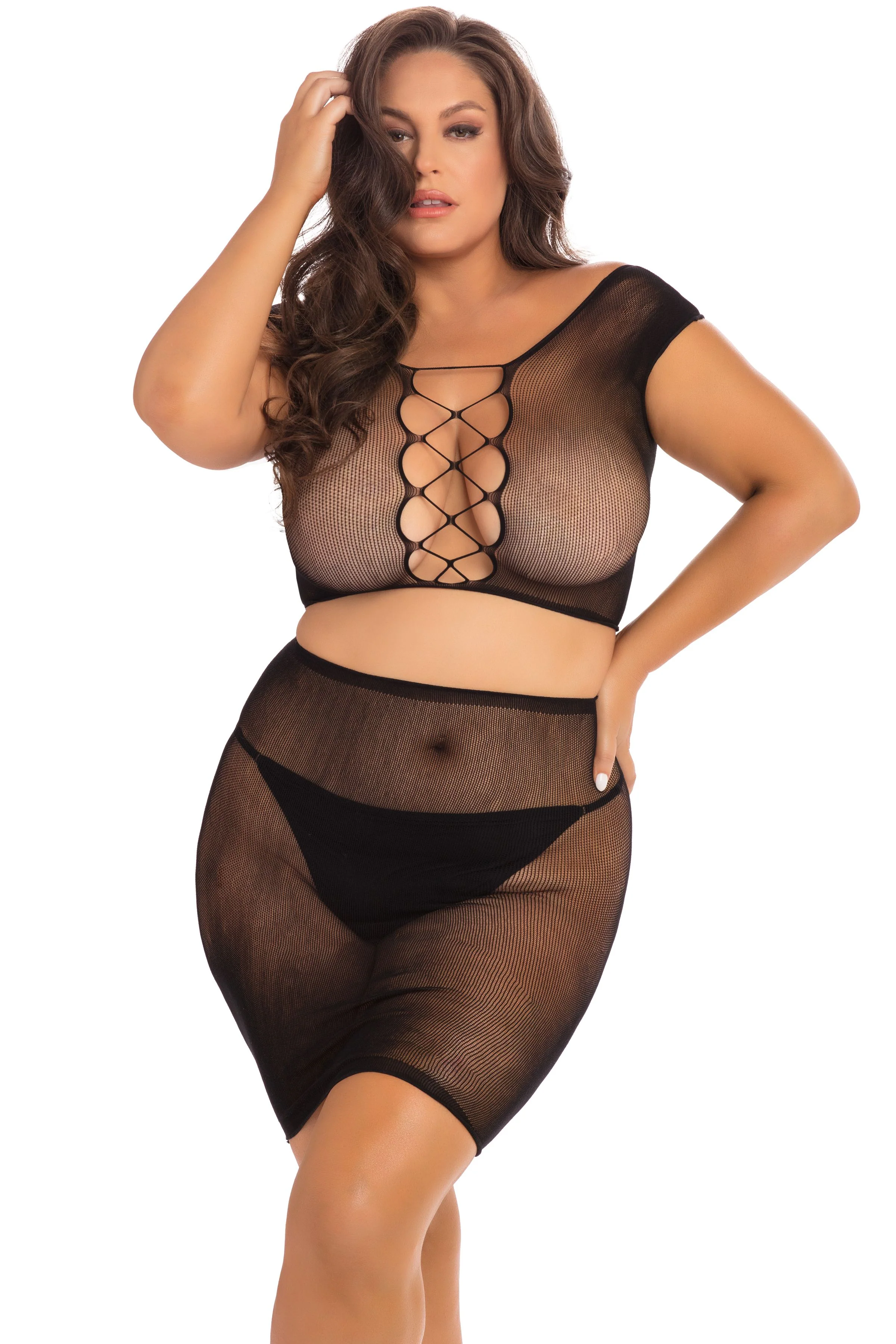 RR7081X Rene Rofe Lingerie Back Story 2Pc Skirt Set Black