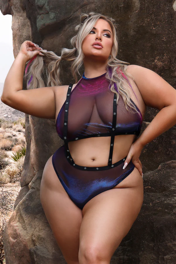 FL-AF969 STARDUST Iridescent Halter Top & Suspender Bottoms with UV Reactive Star Print Elastic - Image 4
