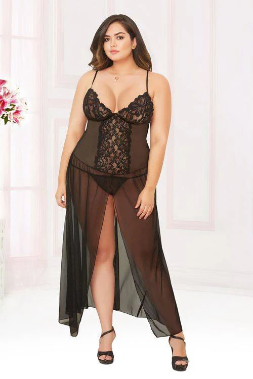 STM10904X Seven Til Midnight Mesh floor-length gown with adjustable straps Black