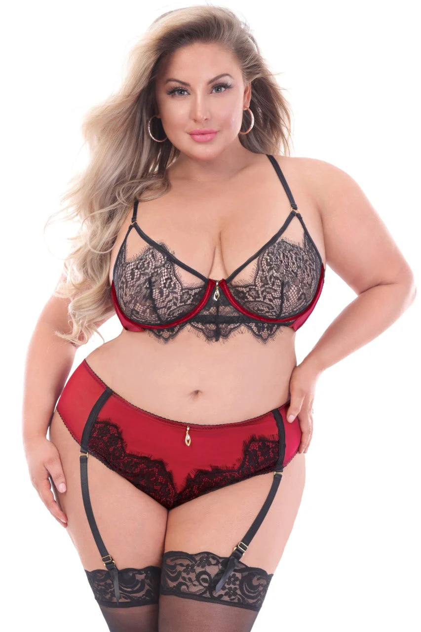 STM11155X Seven Til Midnight Two Piece Bra Set. Eyelash Lace And Mesh Long Line Bra With Open Lace Cups Red