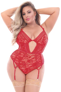 STM11180X Seven Til Midnight Floral Lace Teddy With Keyhole Front Red