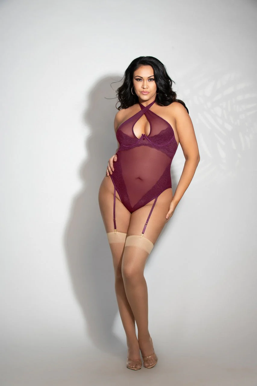 STM11295X Seven Til Midnight Lace & Mesh Teddy With Removable Shoulder Straps And Thong Back Wine - Image 2