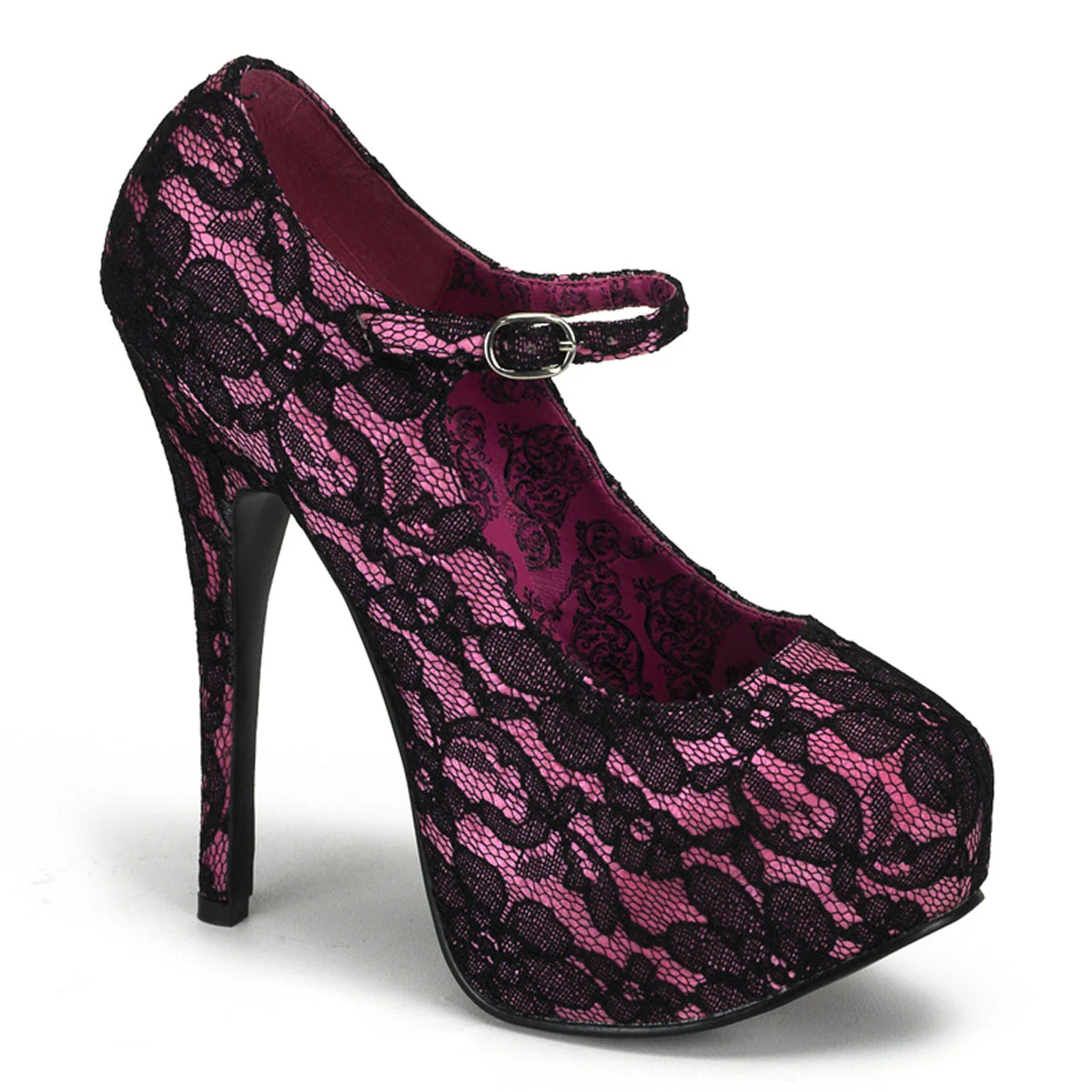 TEE07L Pink Satin Black Lace Hidden Platform Burlesque Heels